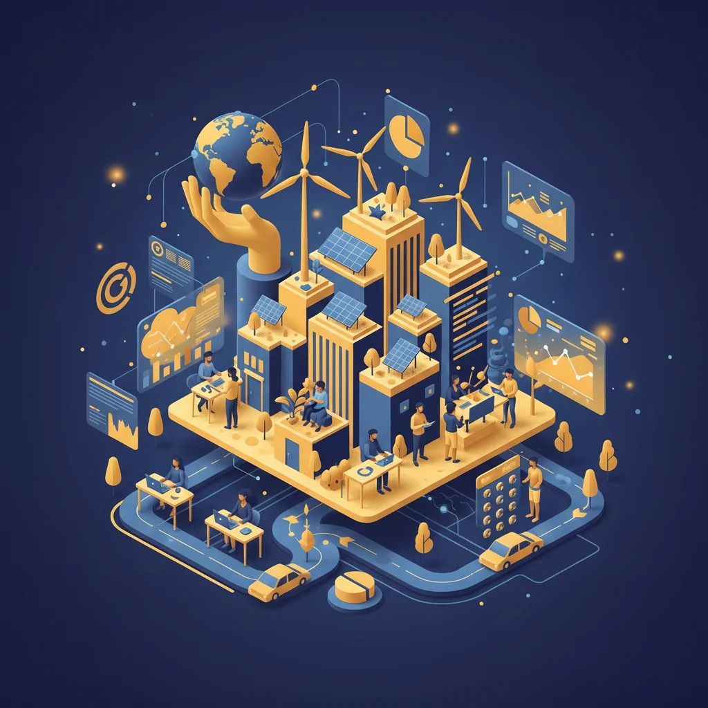 Sustainable innovation concept with green technology, clean energy startups, social impact visuals, and hopeful future themes, inspiring magazine-style image, SEO-friendly image.