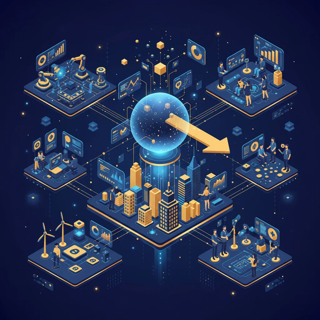 Startup-led digital transformation visual with multiple industries connected by technology, smart systems, and innovation networks, premium editorial design, SEO-optimized image.