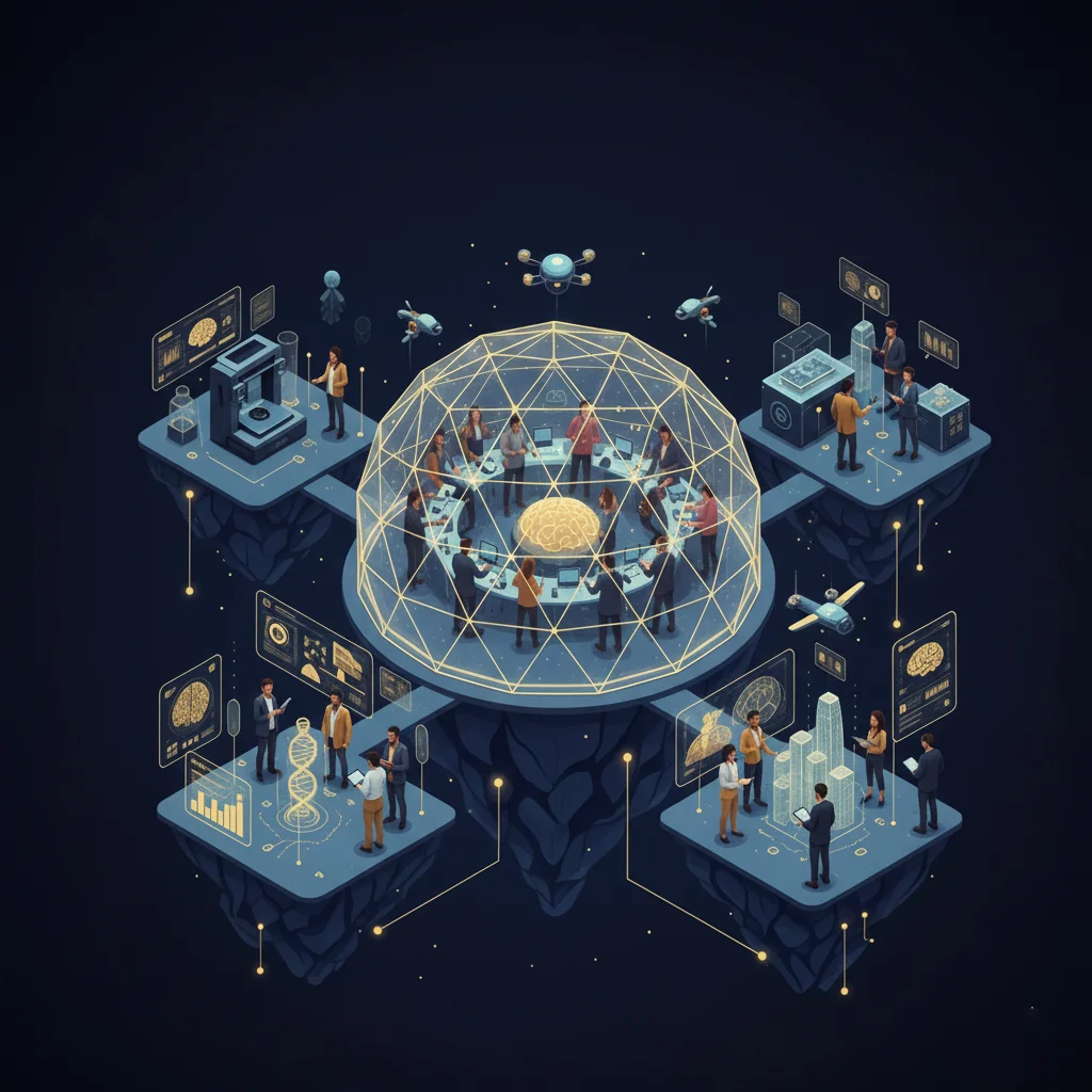 Future of startups illustration with next-generation technologies, visionary founders, global collaboration themes, magazine cover-quality futuristic style, SEO-compatible image