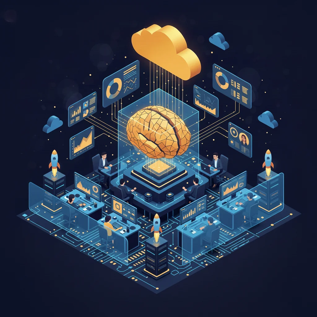 Technology-driven startup scene with AI interfaces, cloud infrastructure visuals, data streams, and modern workspaces, futuristic magazine style, SEO-optimized image.