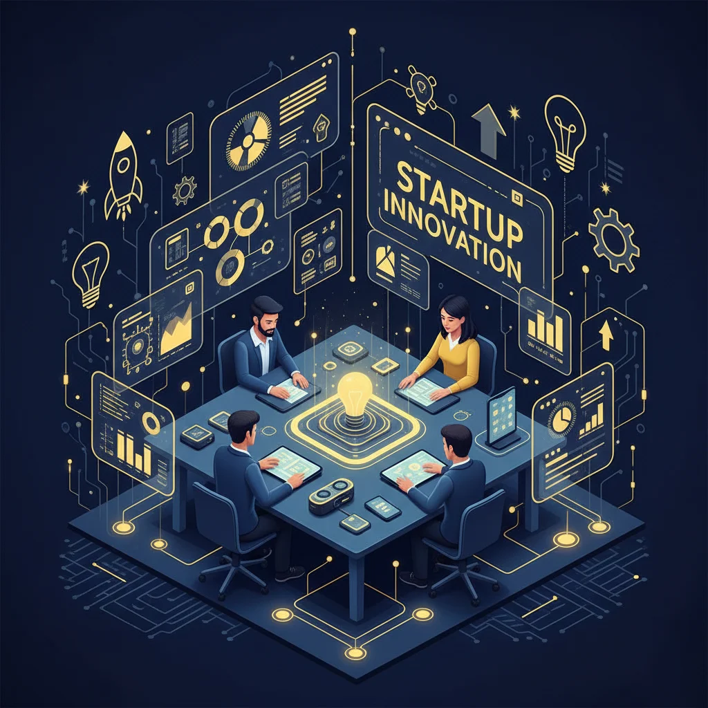 Startup innovation concept with founders brainstorming, digital idea boards, product prototypes, and glowing innovation symbols, creative and attractive editorial look, SEO-compatible image. 