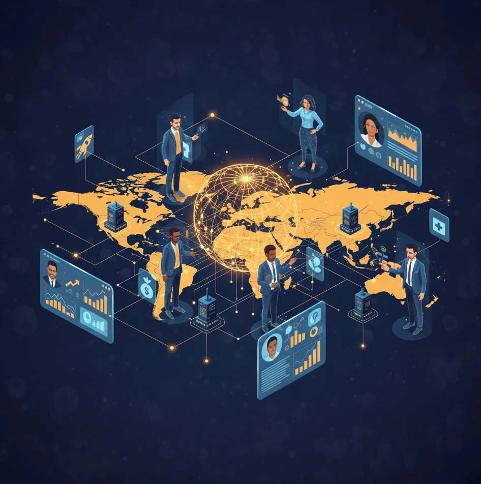 Global startup ecosystem visual with world map highlighting innovation hubs, startup founders, and interconnected networks, modern magazine editorial style, high-resolution SEO-friendly image.
