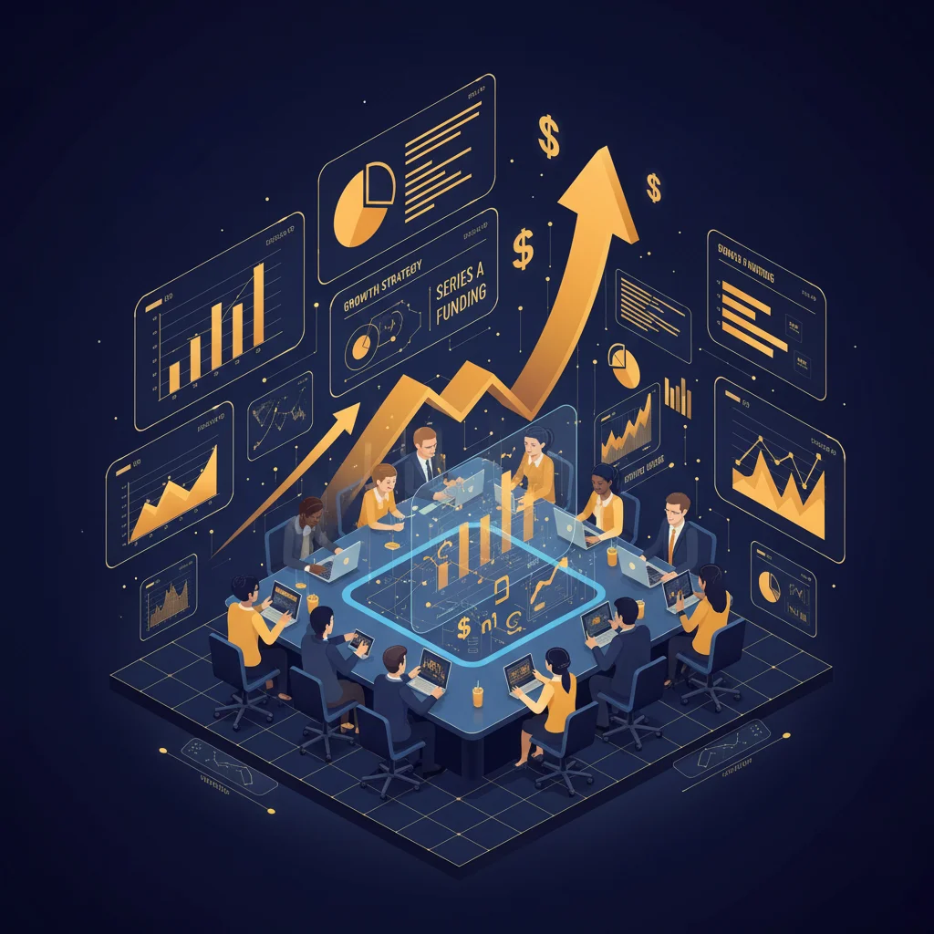Startup funding and venture capital illustration with investors, financial charts, pitch decks, and growth arrows, premium business magazine aesthetic, SEO-friendly image.